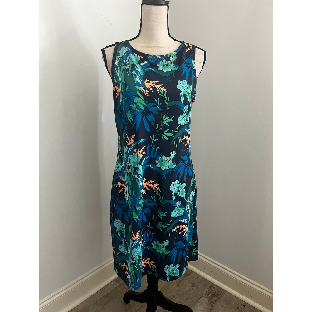 Columbia PFG Womens Freezer Sun Dress Small Tropical Floral Sleeveless Navy Teal